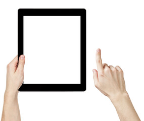 adult man hands using generic tablet pc with white screen
