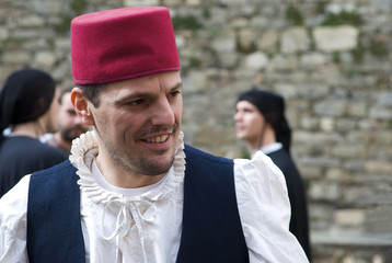 Participant of medieval costume party