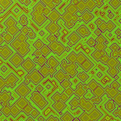 An abstract of red, gold and green squares and rectangles