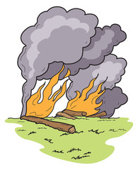 Vector Art Wild Fire with Dark Smoke Grass and Logs