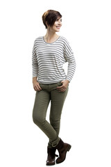 Portrait of a beautiful woman smiling, over a white background