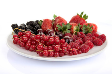 plate of red summer fruits and berries