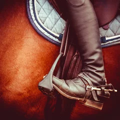 Printed kitchen splashbacks Horse riding jockey riding boot, horses saddle and stirrup