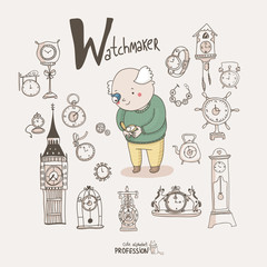 Cute vector alphabet Profession. Letter W - Watchmaker - 62276449