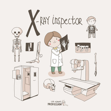 Cute vector alphabet Profession. Letter X - X-Ray Inspector