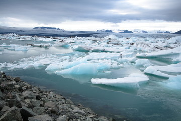 Icebergs floating in the jokulsarlon lagoon in Iceland