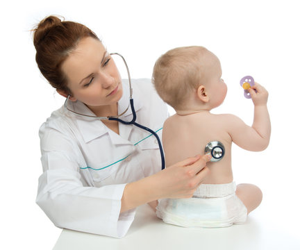 Doctor Or Nurse Auscultating Child Baby Patient Heart With Steth