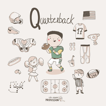 Cute vector alphabet Profession. Letter Q - Quarterback