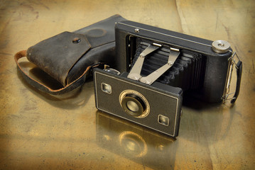 Antique bellows photo camera reflecting on brass.