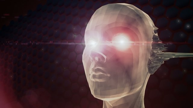 Floating 3D head with glowing eyes and ears bursting polygon