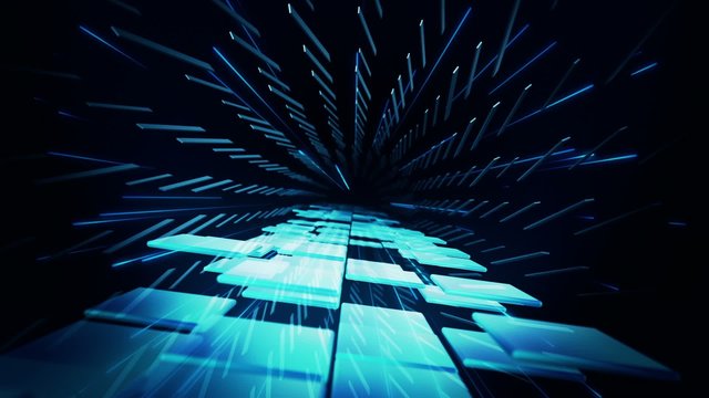 Dancing blue 3D squares inside tunnel of shifting rectangles
