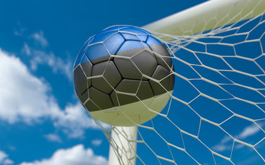 Flag of Estonia and soccer ball in goal net