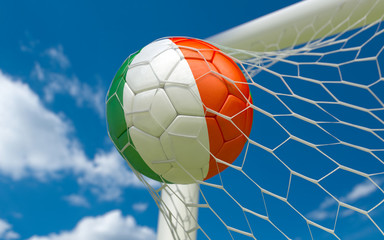 Flag of Ireland and soccer ball in goal net