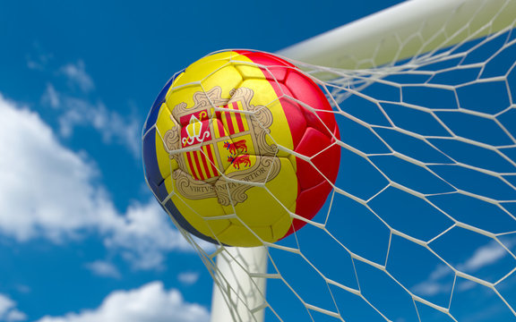Flag of Andorra and soccer ball in goal net