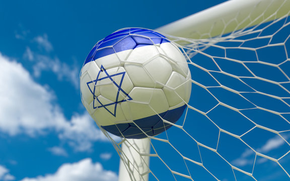 Flag of Israel and soccer ball in goal net