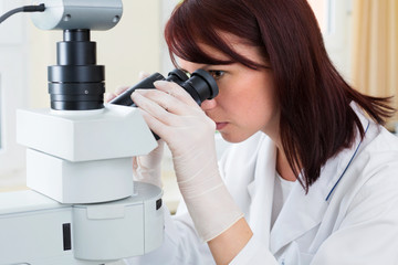 Fototapeta premium A young female scientist looking into a microscope
