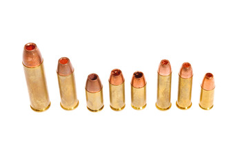 Different types of pistol cartridges from .50 Smith & Wesson for thier revolver down to 9mm for both semi-auto and revolver