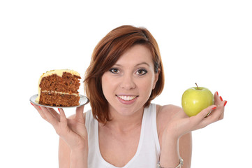 Attractive Woman Dessert Choice Junk Cake Food or healthy Apple