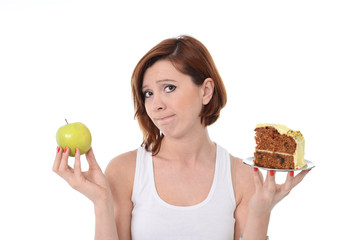 Attractive Woman Dessert Choice Junk Cake Food or healthy Apple