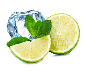 Lime, mint and ice cube isolated