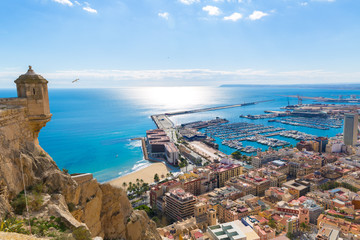 Alicante skyline aerial from Santa Barbara Castle Spain - obrazy, fototapety, plakaty