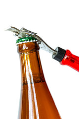 Opening dark beer bottle with metal opener