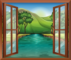 A window near the flowing river