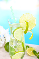 Glass of cocktail with lime and mint