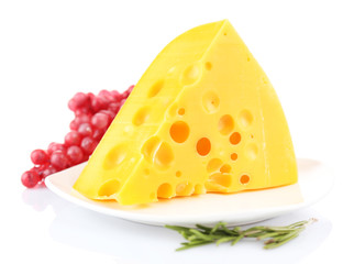 Piece of cheese with grape and rosemary