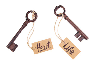 Keys to happiness, Conceptual photo. Isolated on white