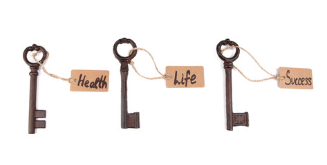 Keys to happiness, Conceptual photo. Isolated on white