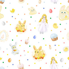 Easter seamless pattern with hares, children, chickens, eggs