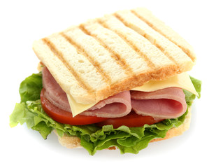 Tasty sandwich with ham, isolated on white