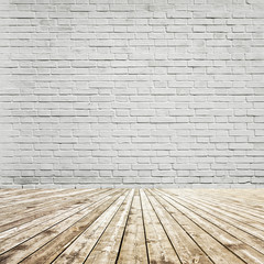 Brick wall room and wooden floor. Background