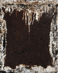 Metal background. Grunge rusty damaged frame. Painted metal with