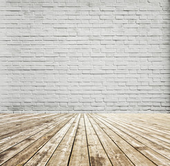 Brick wall room and wooden floor. Background
