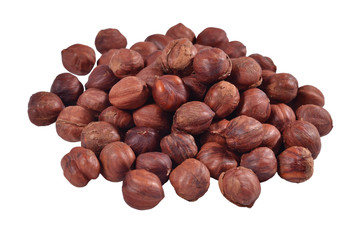 Heap of peeled hazelnuts on a white