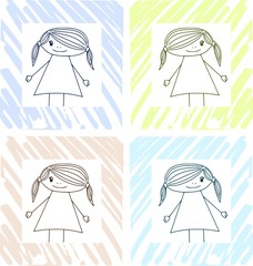 Hand drawn girl in blue, brown, green