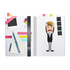 Worried Businessman printed on notebook over white background.