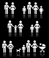 Family, parents and children, pregnant woman icons set on black