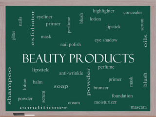 Beauty Products Word Cloud Concept on a Blackboard