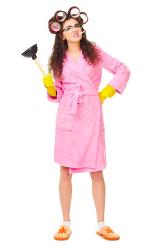 Housewife with plunger and cigarette