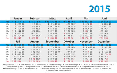 Kalender 2015 Visitenkartenformat mit Feiertagen