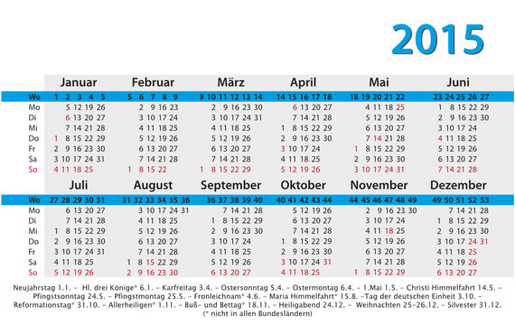 Kalender 2015 Visitenkartenformat mit Feiertagen