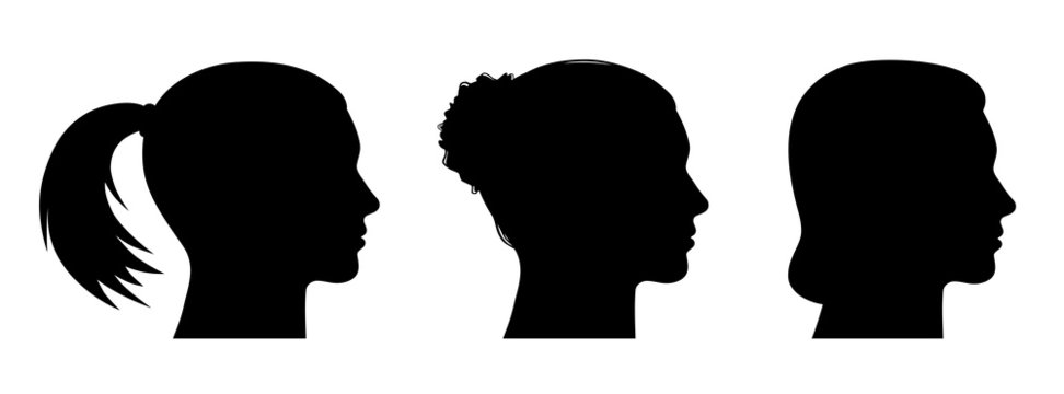 Set: 3 Frauenk&ouml;pfe seitlich im Profil mit verschiedenen Frisuren