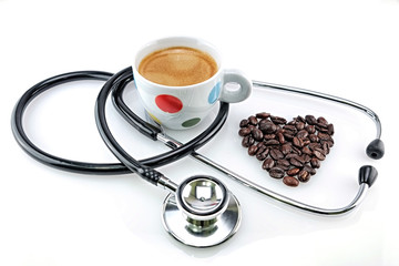 Cup of coffee with a stethoscope on white background