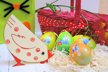 Easter eggs, basket, paper hen
