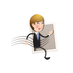 Businessman running inside stamp over white background