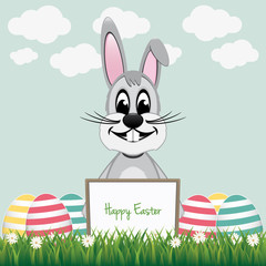 gray bunny behind board colorful eggs