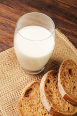 A glass of milk and bread on a napkin